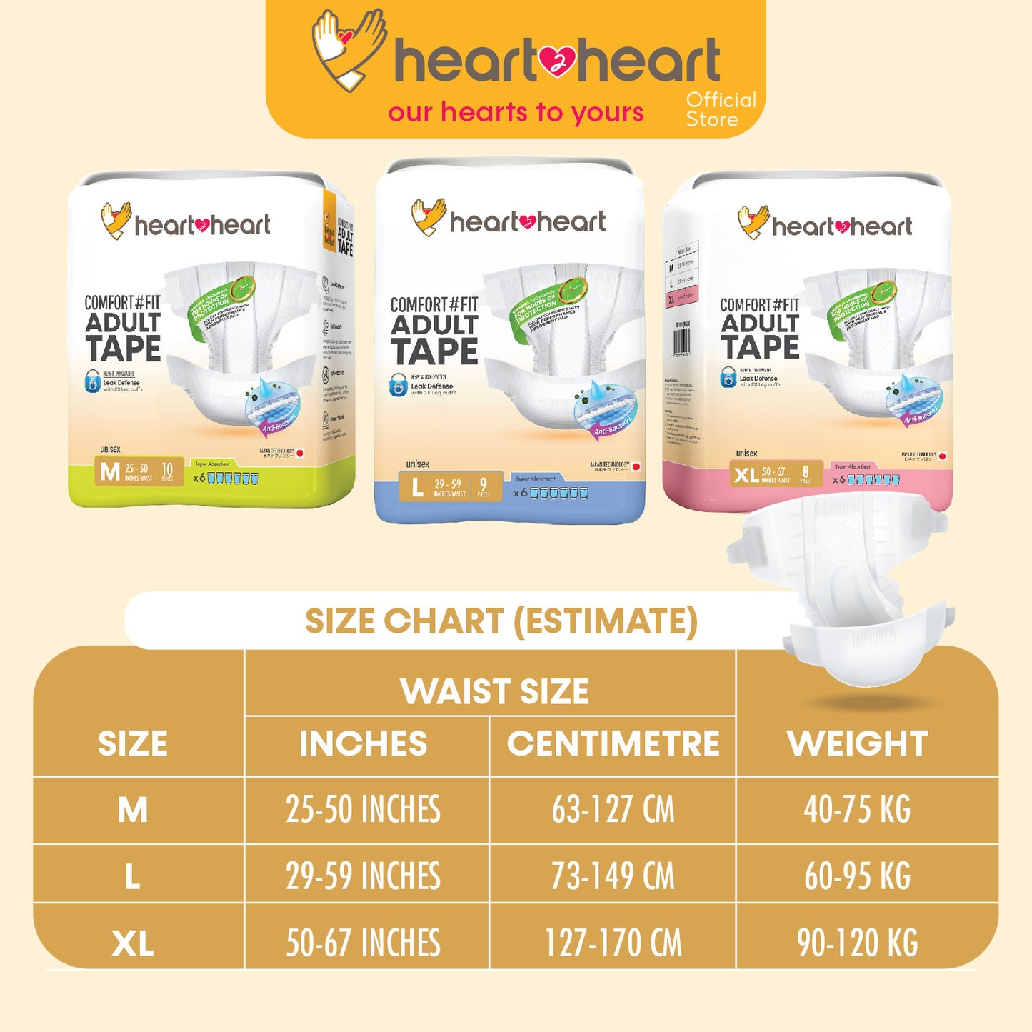 ๐ฏHeart2Heart Adult Disposable Tape Seluar Serapan No.1 Japan Tahan Lasak Lampin Tape Dewasa ๆไบบ็บธๅฐฟ็ (M/40 L/36 XL/32)